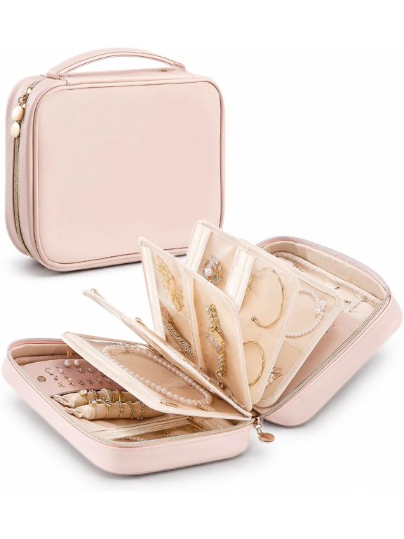 Travel Jewelry Case, PU Leather Jewelry Organizer Box with Removable Jewelry Pages, Anti‑Tangle Necklace Hangers, Ring Bars & Earring Board, Portable Jewelry Storage Bag for Jewelry
