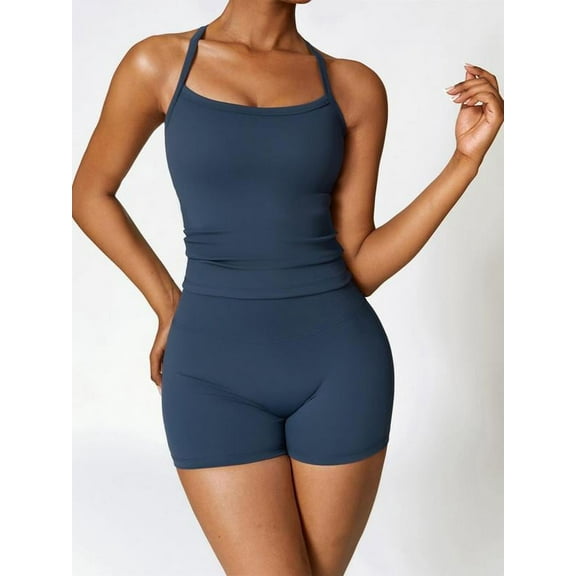 KKLDOGS Two-piece Set Women's Solid Backless Cami Top & High Waist Shorts Tracksuit Set, Sleeveless Spaghetti Strap Crop Top & Skinny Shorts, Ladies Sportswear for Indoor Outdoor Wear, Gym Wear