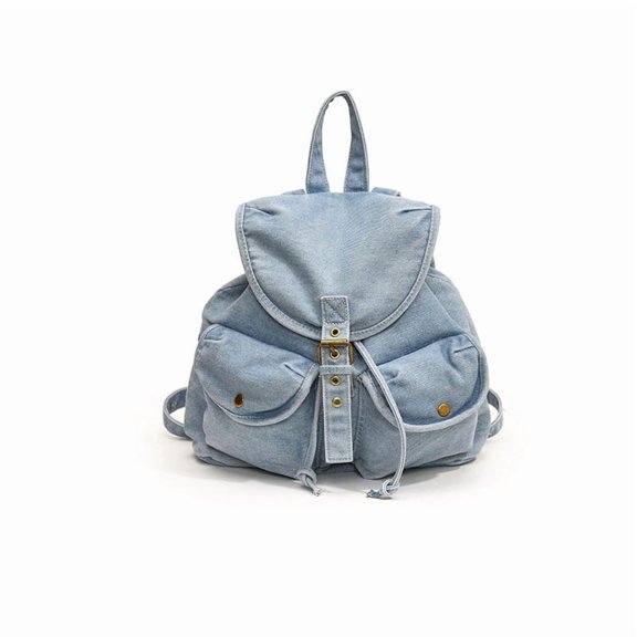 KKLDOGS Vintage Denim Drawstring Backpack, Casual Travel Daypack, Retro Denim Rucksack with Flap Cover & Metal Buckle, Dual Front Pockets Large‑Capacity Daily Outdoor Backpack