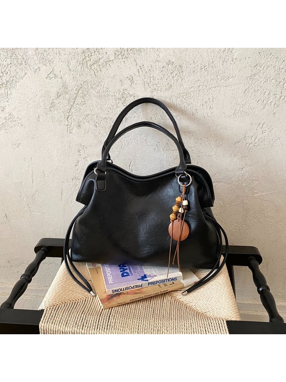 Vintage Faux PU Leather Hobo Shoulder Tote Bag, Large Capacity Soft Slouchy Handbag with Wood‑Bead Pendant, Adjustable Single Shoulder Strap, Casual Daily Work Commute Weekend Travel