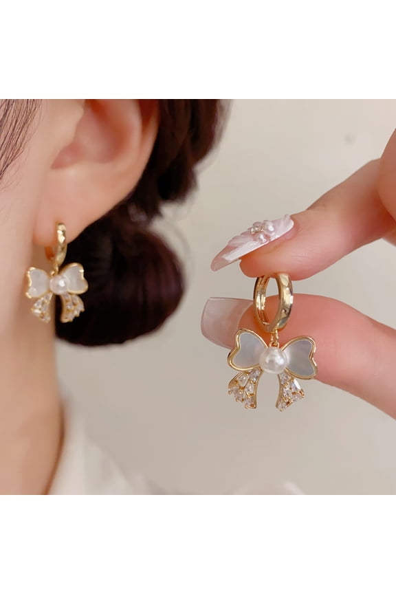 Vintage French Elegant White Mother of Pearl Bow Earrings, Paved Clear CZ Hypoallergenic Dangle Earrings for Daily Wear