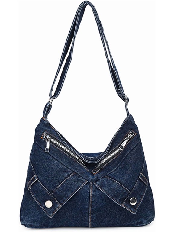 Vintage Patchwork Denim Crossbody Shoulder Bag, Adjustable Strap Hobo Bag with Multi Zipper Pockets & Decorative Buttons, Casual Soft Denim Handbag