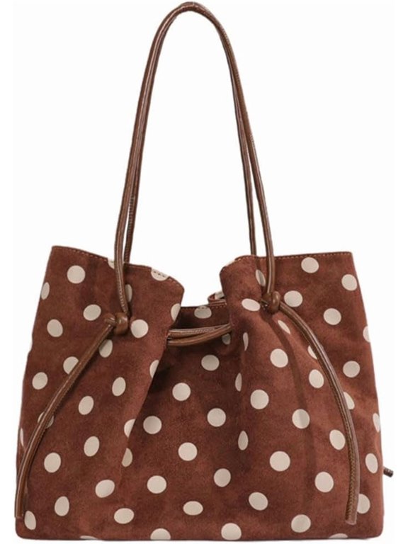Vintage Polka‑Dot PU Tote Shoulder Bag, Large Capacity Drawstring Top‑Handle Handbag with Magnetic Snap & Removable Inner Clutch Pouch, Soft Casual Satchel for Commuting Shopping Weekend