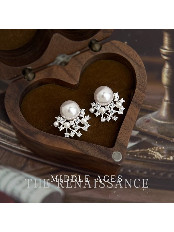 Vintage Snowflake Design Stud Earrings, 925 Silver Tone Pave Cubic Zirconia with Large Freshwater Pearl Elegant Retro Jewelry for Women