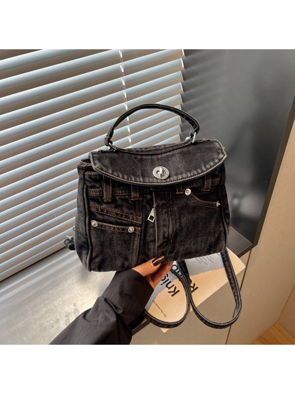 Vintage Washed Denim Multi‑Way Handbag, Convertible Top‑Handle Shoulder Backpack Purse with Turn‑Lock Flap Closure, Denim Jeans‑Stitching Casual Day‑to‑Day Crossbody Tote Shoulder Bag