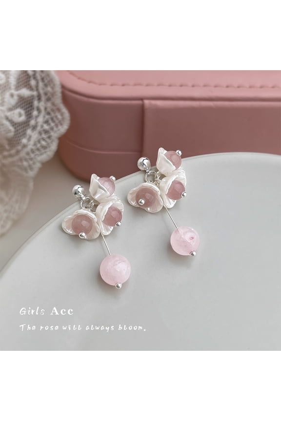 White Flower Pink Natural Stone Drop Dangle Earrings for Women