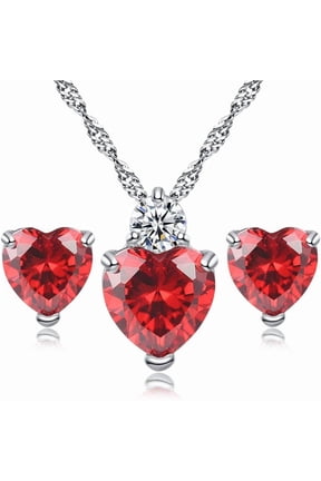 White Gold Plated Simulated Ruby Crystal Heart Necklace and Stud Earrings Set - Queen of Hearts Pendant Jewelry Set Silver Chain January Birthstone Evie Red Heart Jewelry Gifts for Women