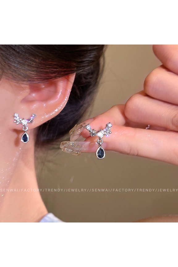 Women Dainty Asymmetric Clear Zircon Ear Climber Studs, Minimalist Deep Blue Teardrop Sapphire Drop Earrings for Daily Wear