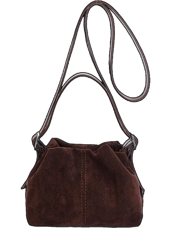 Women Faux Suede Crossbody Shoulder Bag Mini Pleated Cloud Dumpling Tote Handbag Trendy Vintage Bucket Slouchy Purse