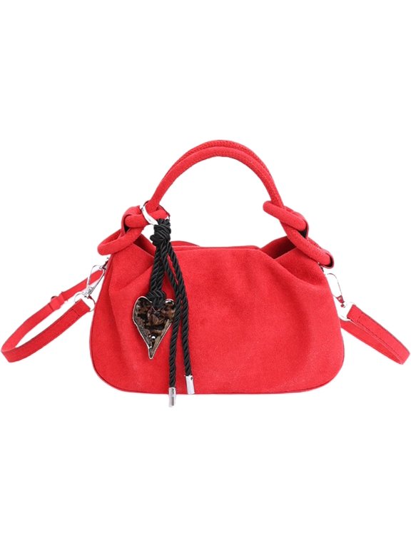 Women Faux Suede Handbag Vintage Slouchy Boho Mini Crossbody Purse | Top Handle Faux Suede Bag with Detachable Shoulder Strap, Casual Chic Retro Heart Charm Satchel Purse