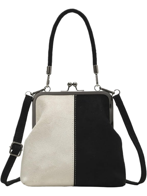 Women's Faux Suede Crossbody Bag Vintage Hobo Boho Mini Purse | Kiss Lock Top Handle, Color Block Handbag with Adjustable Removable Shoulder Strap, Fall Winter Retro Accessories