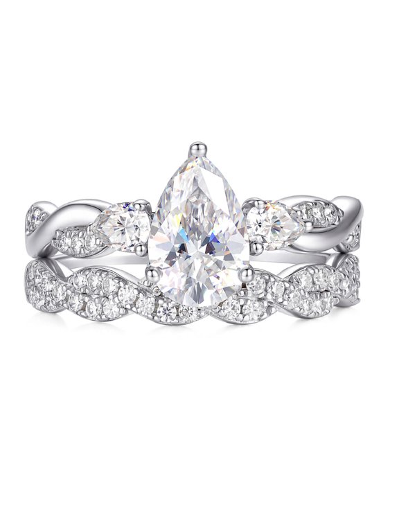 Pear Moissanite Wedding Ring Set for Women 925 Sterling Silver 3 Stone Engagement Ring & Wedding Band Size 10