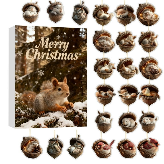 KKMHan 24 Pcs Forest Animal Acorn Ornaments, 24 Days Advent Calendar Woodland Creature Figurine, Acrylic Hanging Ornament Home Party Décor