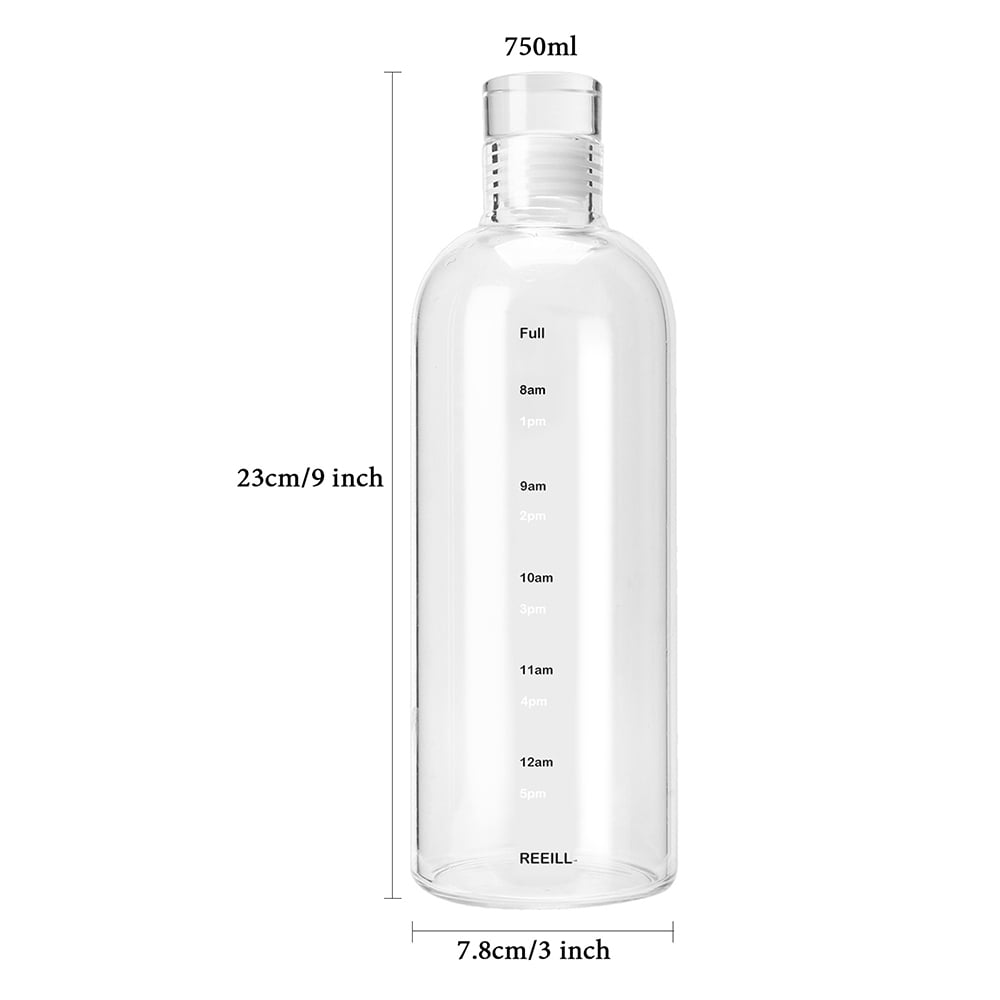 KKMOL 750ML Large Capacity Glass Water Bottle with Time Marker Water