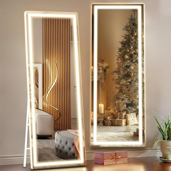 KKN 67" x 22" inch LED Full-Length Mirror Dimmable Three-Color Lighting Vertical/Wall-Mounted Aluminum-Framed Cosmetic Mirror Bedroom Salon Dressing Oversized White-Framed Smart Mirror