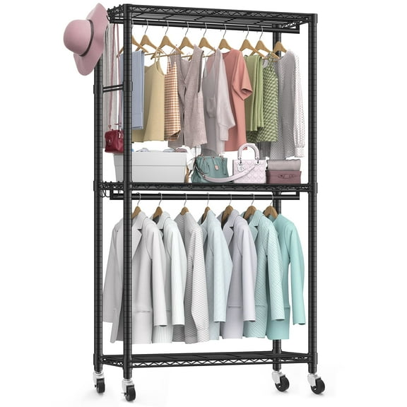 KKN Adult Clothing Racks for Hanging Clothes, 800lbs Capacity, Adjustable 3-Tier Metal Wardrobe Rack,Black,1 Count