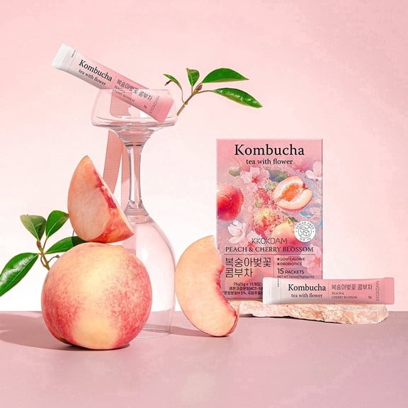KKOKDAM Kombucha Powder Drink Mix Sticks - Peach & Cherry Blossom, Sugar Free Probiotic Gut Health Tea, Low Calorie (15 Packets)
