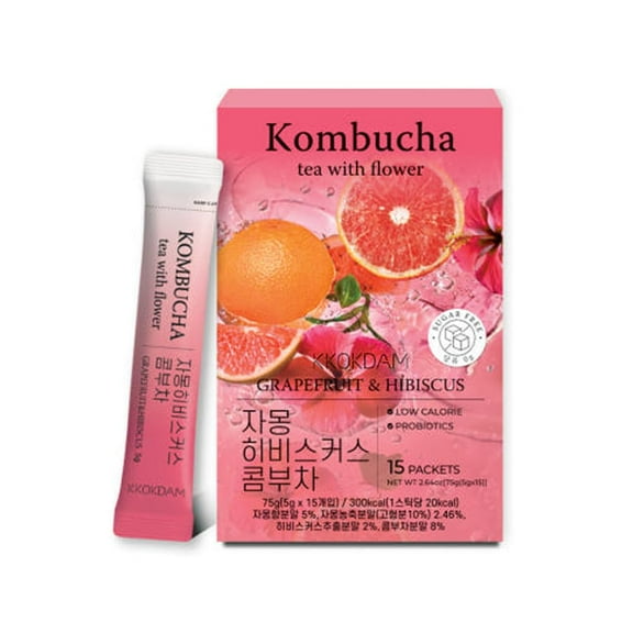 KKOKDAM Kombucha Tea Grapefruit and Hibiscus Extract Probiotic Sugar Free Low Calorie Detox Beauty Drink Gut Health 15 Sticks