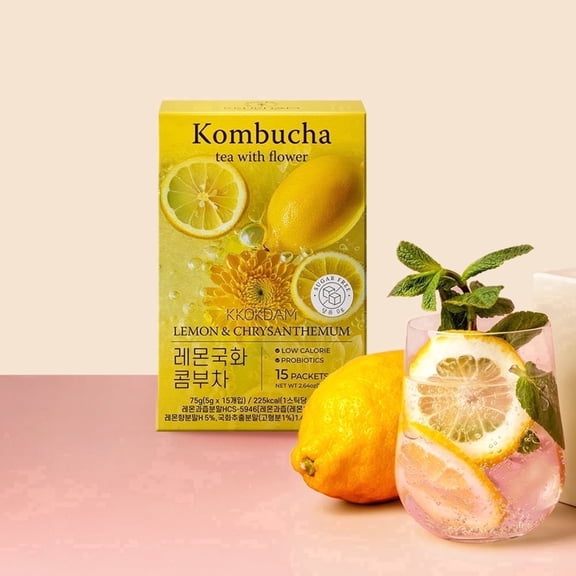KKOKDAM Kombucha Powder Drink Mix Sticks - Lemon & Chrysanthemum, Sugar Free Probiotic Gut Health Tea, Low Calorie (15 Packets)