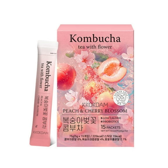 KKOKDAM Kombucha Tea Peach and Cherry Blossom Probiotic Sugar Free Low Calorie Gut Health Wellness Drink Floral Extract 15 Sachets