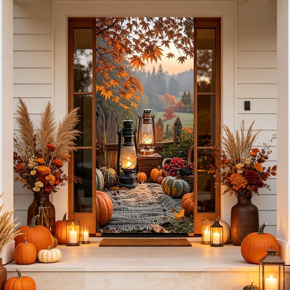 KKOUHV Thanksgiving Decorations, Fall Harvest Door Covers for Front Door Cover, Turkey Pumpkin Fall Door Cover, Indoor Outdoor Party Photo Booth Props