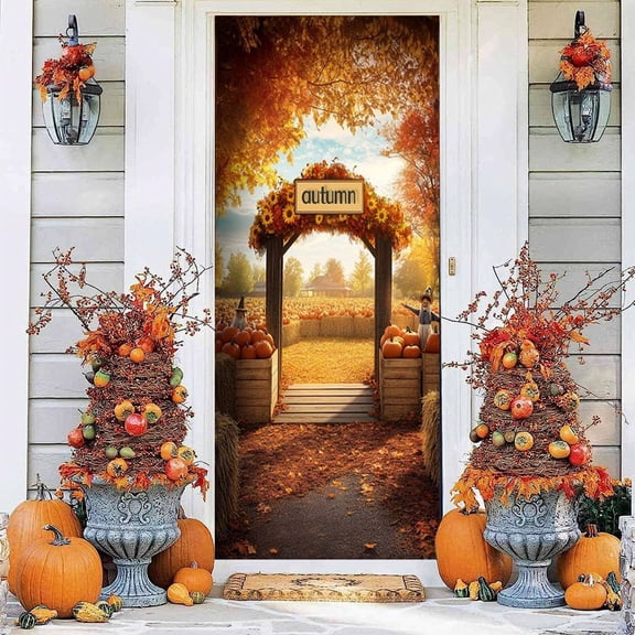 KKOUHV Thanksgiving Door Cover, Large Fall Door Covers, Classic Motifs Thanksgiving Door Banner for Indoor Outdoor Background Decorations,35x78 inch