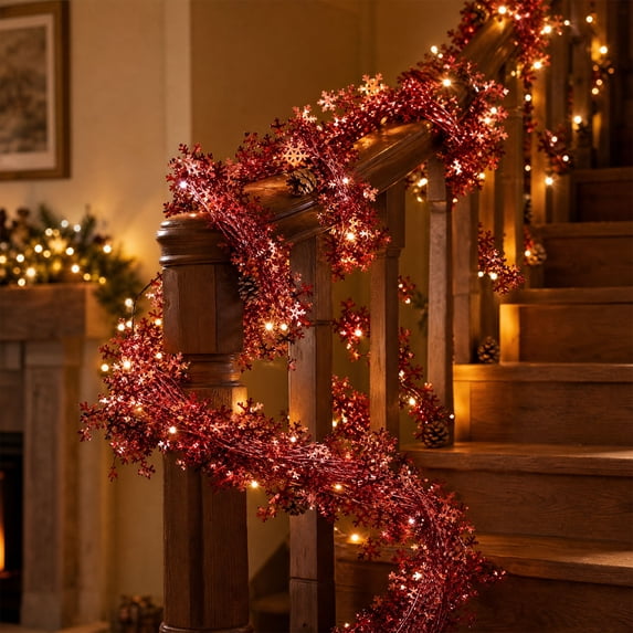 KKOUHVY 7.5M Christmas Snowflake Garland, Red Hanging Garland for Wall Fireplace Door Window Decorations