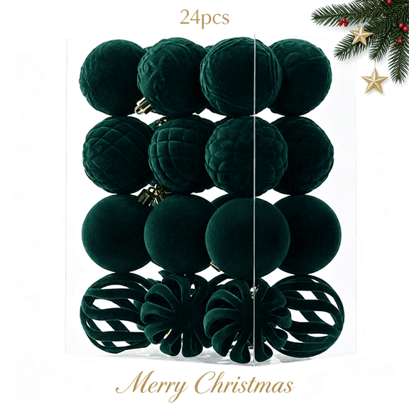 KKOUHVY Christmas Balls Ornament, 24Pcs Velvet Flocked Christmas Tree Hanging Ornaments, Vintage Xmas Ball Hanging Strings for Gift Party Decorations