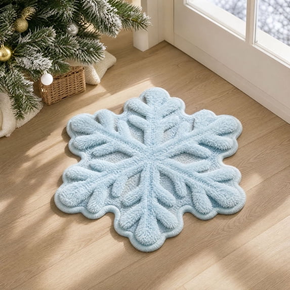 KKOUHVY Christmas Snowflake Shaped Floor Mat, Soft Fluffy Blue Area Rug for Bedroom Living Room Fireplace, Winter Holiday Christmas Home Decoratons