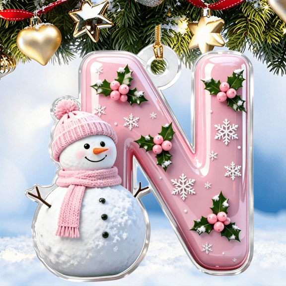 KKOUHVY Christmas Snowman Alphabet Ornaments, Cute Personalized Snowman Letter N Christmas Tree Ornaments, Pink Acrylic Hanging Decor with Gold Cord