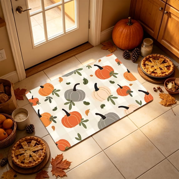KKOUHVY Fall Outdoor Rug, Orange Gray Cream Pumpkins Door Mat, Heavy-Duty Non-Slip Mat for Front Porch Entry, Autumn Thanksgiving Home Decor