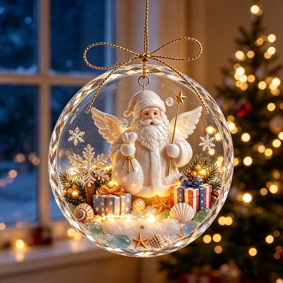 KKOUHVY Sea Glass Christmas Ornaments, Winged Santa Winter Micro-Landscape Acrylic Xmas Tree Decorations, Clear Hanging Ornament for Festival Home Party