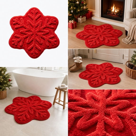 KKOUHVY Snowflake Christmas Rug, Non-slipped & Absorbent Christmas Door Mat, Super Soft Cozy Xmas Front Door Rug for Indoor Entryway, Red, 24x24 inch
