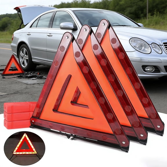 KKSQ 3 Pack Emergency Warning Triangles for Vehicles, Heavy Duty Reflective Roadside Safety Kit with Anti-Slip Base, Foldable Car Breakdown Signs for Truck, Bus, Motorcycle (Red, 17 Inch)