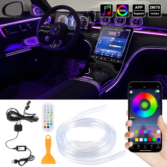 KKSQ Car LED Lights - Smart Interior Strips with APP+RF Remote Control, RGB 16M Colors & Music Sync Mode, Ideal for Automotive Decor, Parties, Camping, Bars - Flexible Fiber