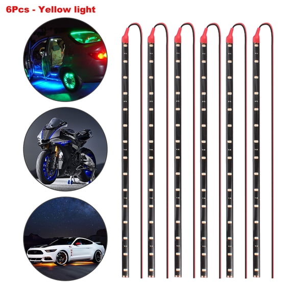KKSQ Car Underglow Neon Accent Strip Lights - 6x15 LEDs Yellow, Waterproof 12V, 12" Strips for Cars Van SUV Truck Motorcycle (IP68) - DC12V Motor LED Strip, Easy Install