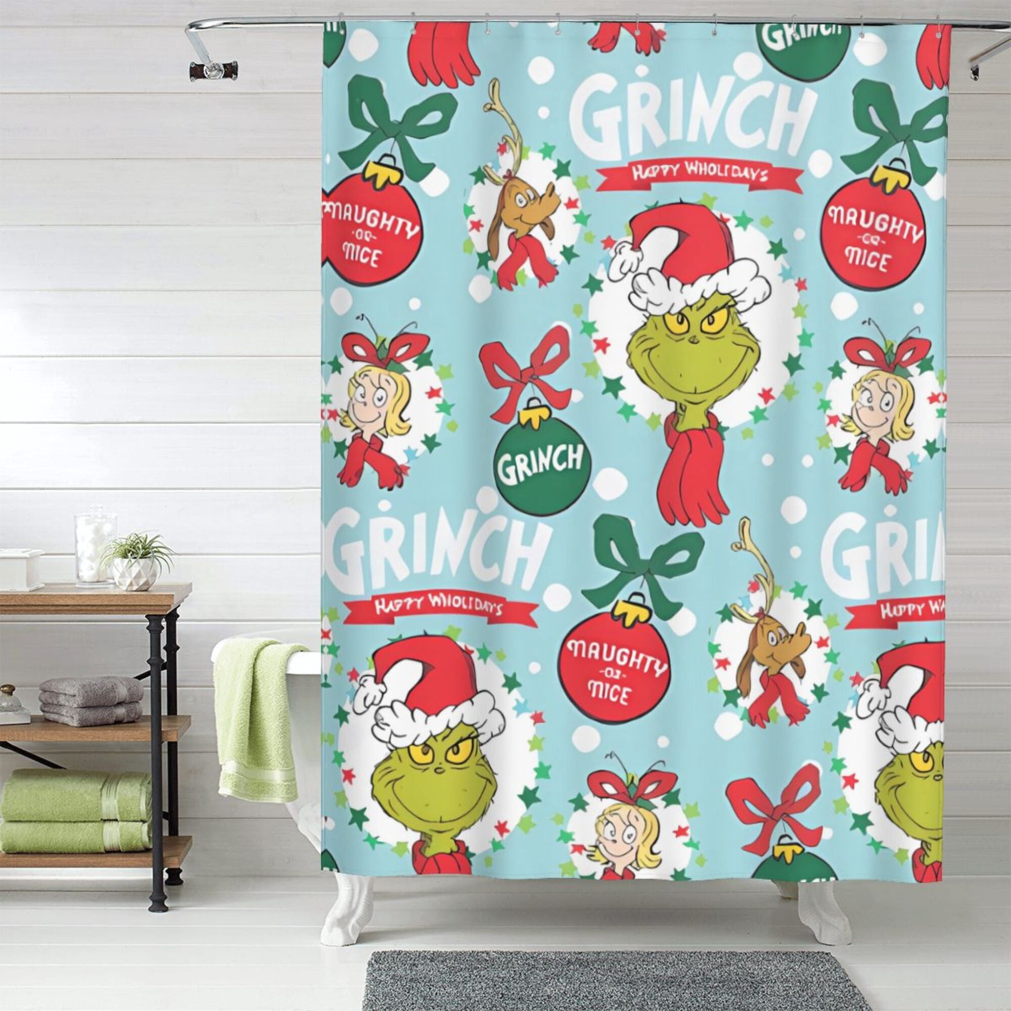 KKTHDN Grinch Christmas Fabric Shower Curtain Anime Cartoon Waterproof ...