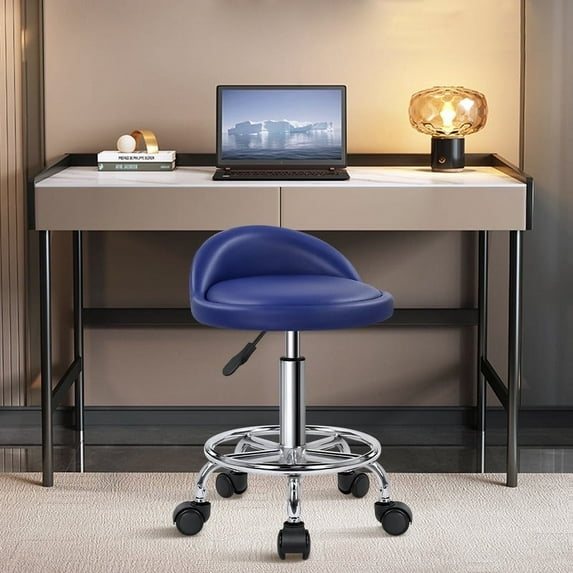 KKTONER Blue Low Backrest Rolling Stools with Footrest Stool Chair with Wheels Swivel Salon Stool for Spa Massage Tattoos Work