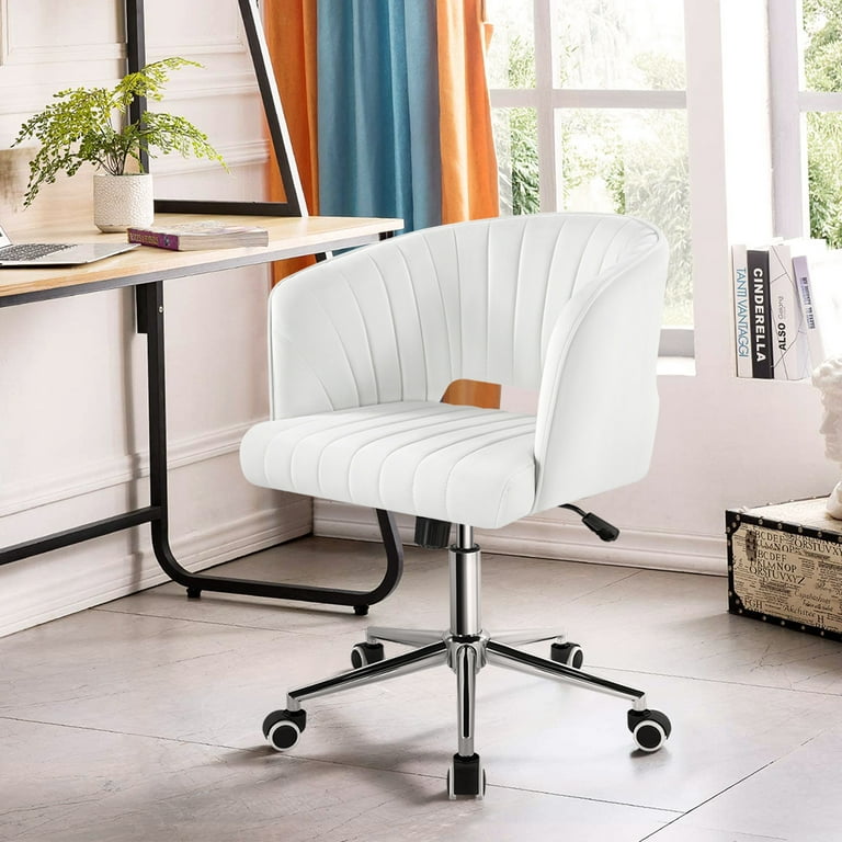 KKTONER Cream Makeup Vanity Chair With Back Velvet Home 360 Swivel Office Chair With Wheels Adjustable Height Upholstered Chairs For Living Room
