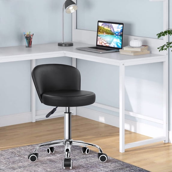 KKTONER Rolling Stool with Backrest Height Adjustable office Chair PU Leather Swivel Drafting stools with Wheels (Black)