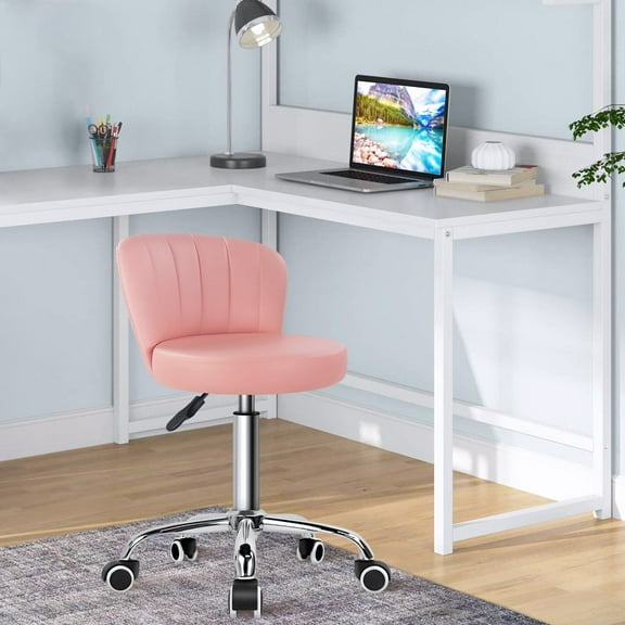 KKTONER Rolling Stool with Backrest Height Adjustable office Chair PU Leather Swivel vanity stools with Wheels (Pink)