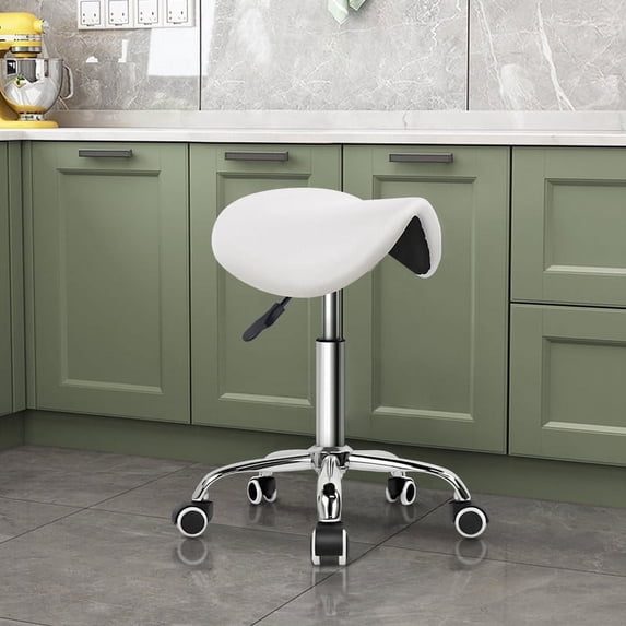 KKTONER Saddle Stool, White Rolling Chair, Swivel Chair without Backrest for Spa, Laboratories