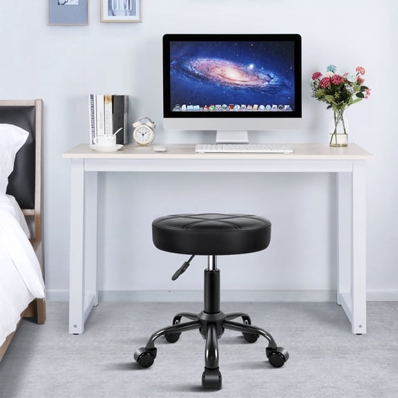 KKTONER Synthetic leather rolling stool with adjustable height and castors, for living room, spa, small drawing (black)