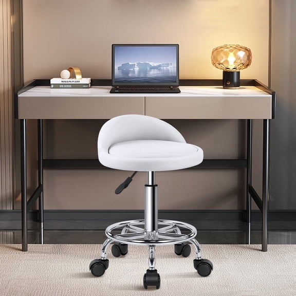 KKTONER White Low Backrest Rolling Stools with Footrest Stool Chair with Wheels Swivel Salon Stool for Spa Massage Tattoos Work