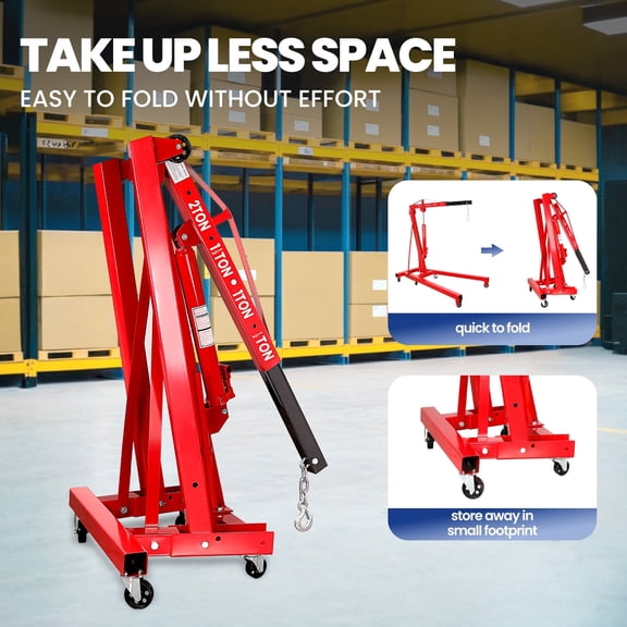 KKTRE Folding Hydraulic Engine Hoist, Red Steel 4-Position Crane, Heavy Duty 8T Hydraulic Pump 2 Ton, for Workshops, Garages, Shops