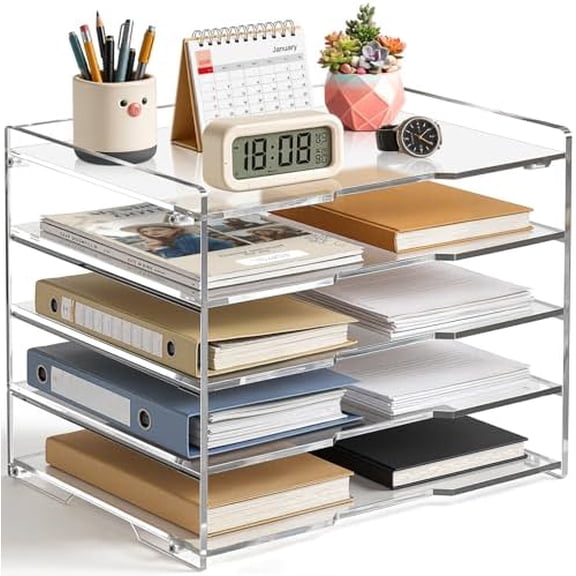 KKU 5 Tier Clear Acrylic Desk Organizer, Letter Tray Paper File Desk Organizer and Accessories For Office Supplies$$Office