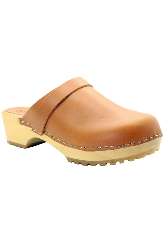 KLÄGN Tuva Wood Open Back Grip Caramel Veg Tan Leather Clogs