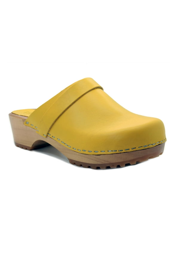 KLÄGN Tuva Wood Open Back Grip Mustard Veg Tan Leather Clogs