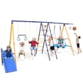 thumbnail image 1 of KL KLB Sport 7 in 1 Swing Set for Kids Backyard Outside, A-Frame Heavy-Duty Metal Swing Sets with Slide, 2 Swing Seats, 1 Climbing Net & Ladder, 1 Gym Ring and 1 Basket, 1 of 8