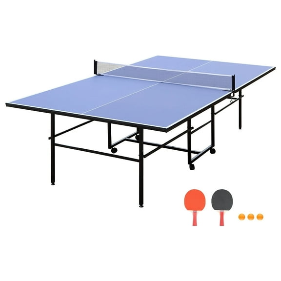 KL KLB Sport 9ft Mid-Size Table Tennis Table, Foldable Ping Pong Table sets， 0.5'' Thick for Indoor with Net, 2 Table Tennis Paddles and 3 Balls